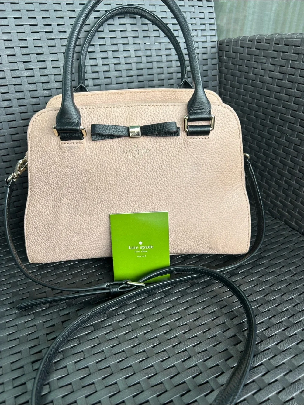 kate spade Pebbled Leather Satchel in Pale Pink and Black with Bow Accent